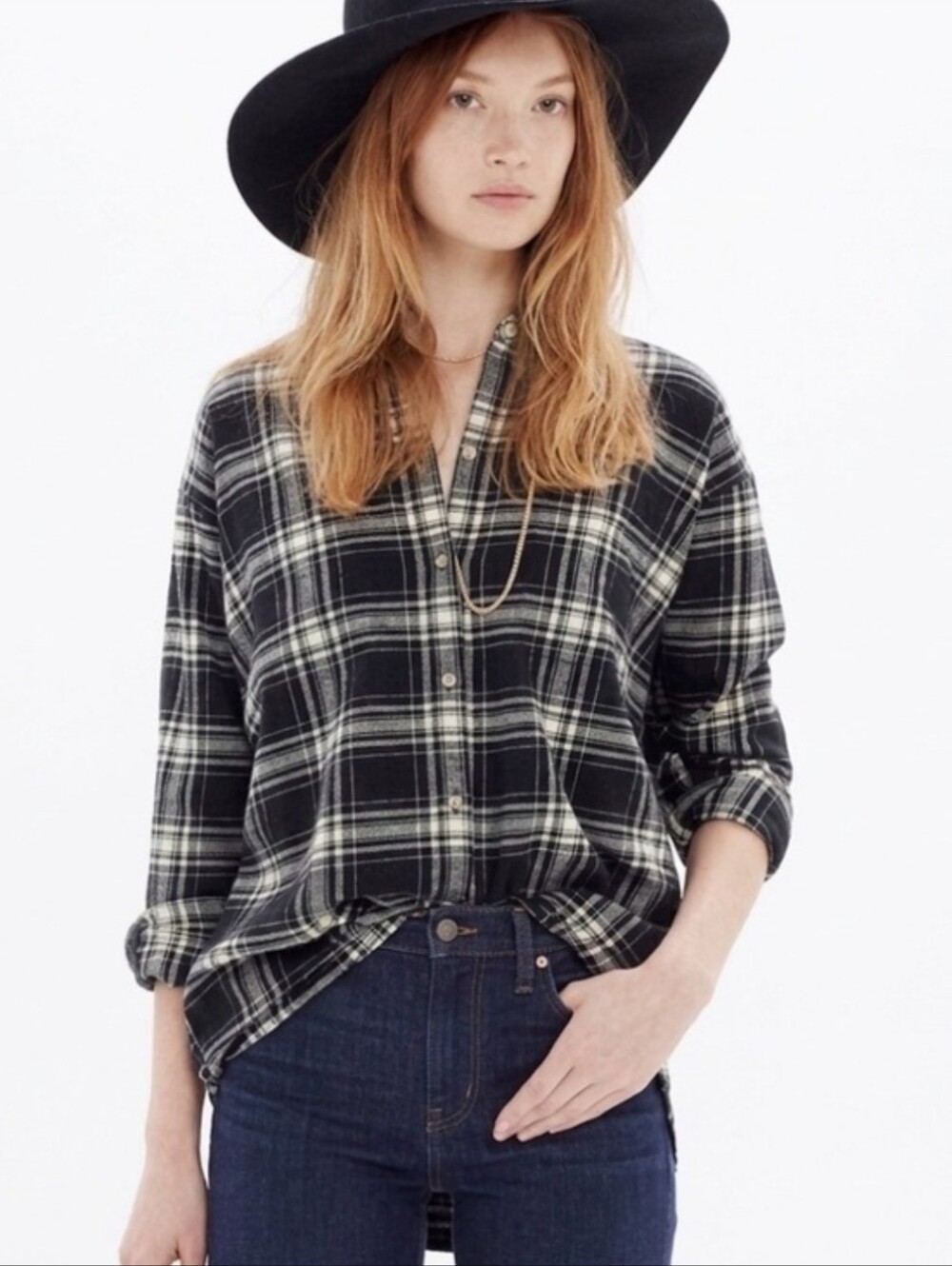 Madewell Trapeze Black and Cream Plaid Flannel Button-Down High Low Shirt